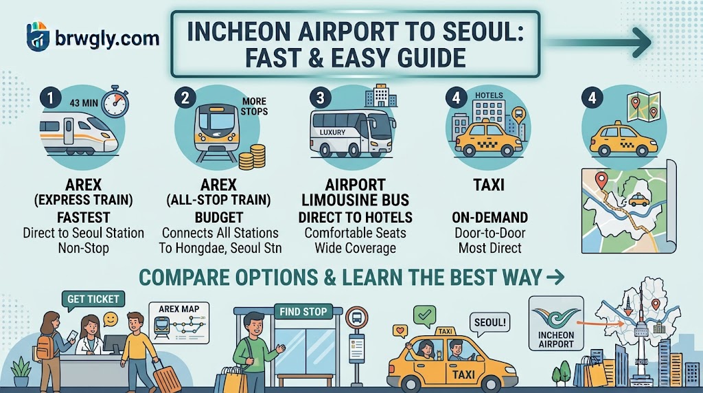 Comparison of AREX train, limousine bus and taxi from Incheon Airport to Seoul